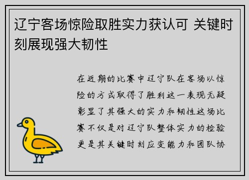 辽宁客场惊险取胜实力获认可 关键时刻展现强大韧性