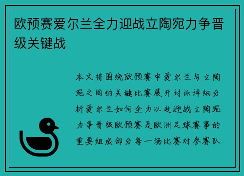 欧预赛爱尔兰全力迎战立陶宛力争晋级关键战