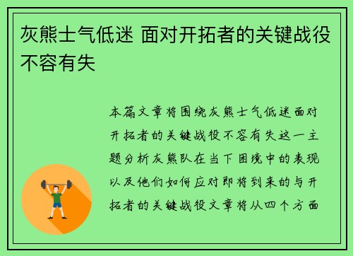 灰熊士气低迷 面对开拓者的关键战役不容有失