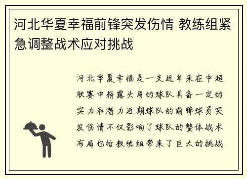 河北华夏幸福前锋突发伤情 教练组紧急调整战术应对挑战