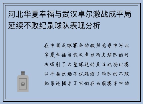 河北华夏幸福与武汉卓尔激战成平局延续不败纪录球队表现分析