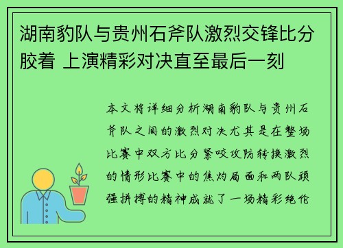 湖南豹队与贵州石斧队激烈交锋比分胶着 上演精彩对决直至最后一刻