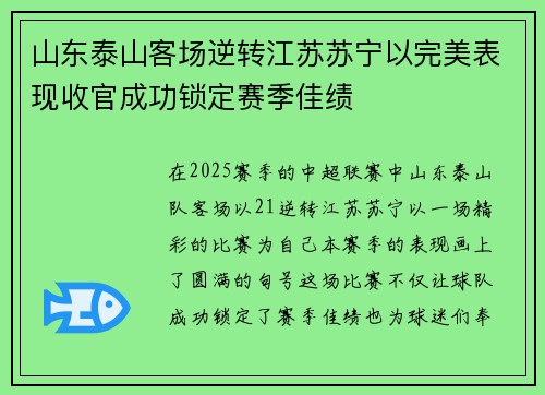 山东泰山客场逆转江苏苏宁以完美表现收官成功锁定赛季佳绩