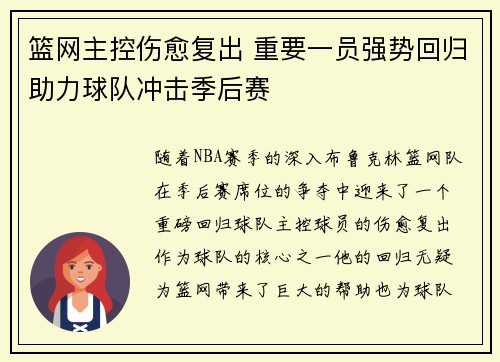 篮网主控伤愈复出 重要一员强势回归助力球队冲击季后赛