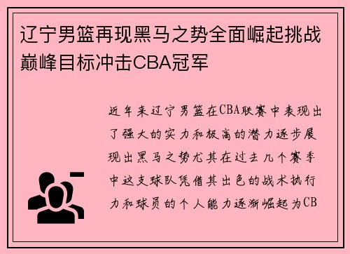 辽宁男篮再现黑马之势全面崛起挑战巅峰目标冲击CBA冠军