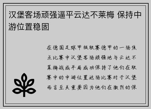 汉堡客场顽强逼平云达不莱梅 保持中游位置稳固