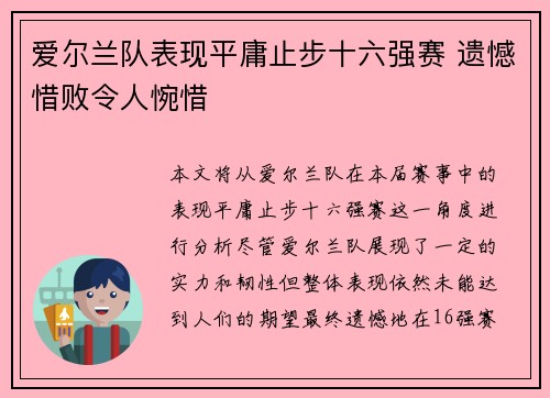 爱尔兰队表现平庸止步十六强赛 遗憾惜败令人惋惜
